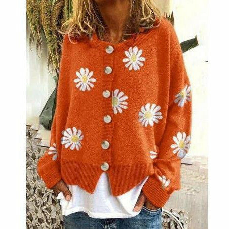 Street-Wave Daisy Print Cardigan For Women Cozy Cotton Polyester Knit With Button Closure