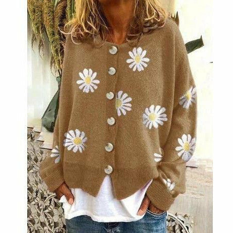 Street-Wave Daisy Print Cardigan For Women Cozy Cotton Polyester Knit With Button Closure