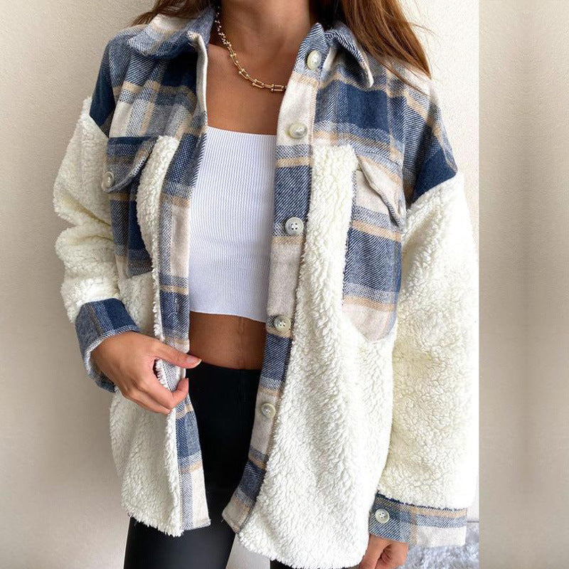 Street Wave Plush Patchwork Plaid Jacket For Women Cozy Warm Patch Pockets Button Front