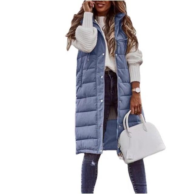 Street-wave Long Sleeveless Puffer Coat For Women With Hood Cozy Durable Winter Outerwear
