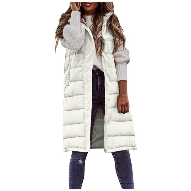 Street-wave Long Sleeveless Puffer Coat For Women With Hood Cozy Durable Winter Outerwear