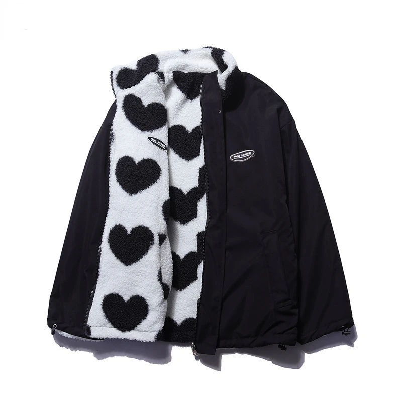 Street-wave Women’s Pink Heart Pattern Jacket With Cozy Sherpa Lining For Fall Winter