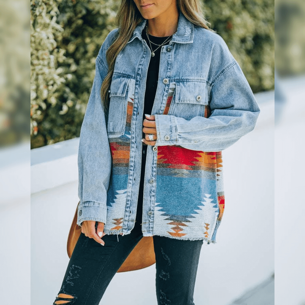 Street-Wave Denim Coat Women Bold Color Panel