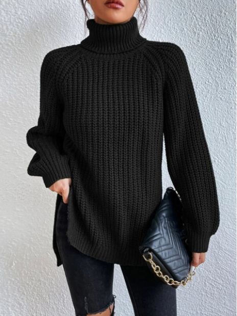Street-Wave Cozy Turtle Neck Ribbed Knit Pullover With Side Slits For Women All Day Comfort