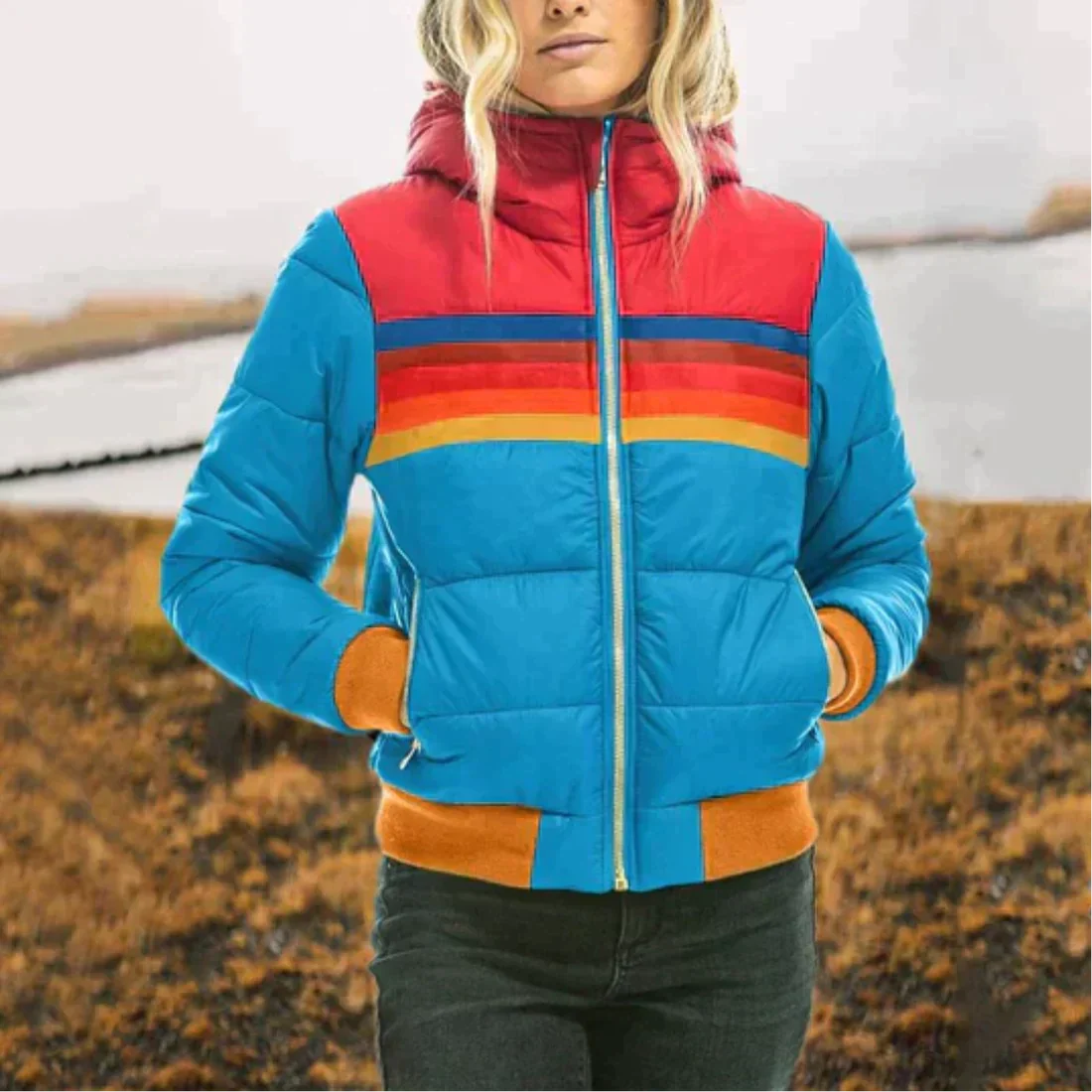 Street-Wave Women's Cozy Puffer Jacket With Rainbow Color-Block Stripes Warmth And Comfort