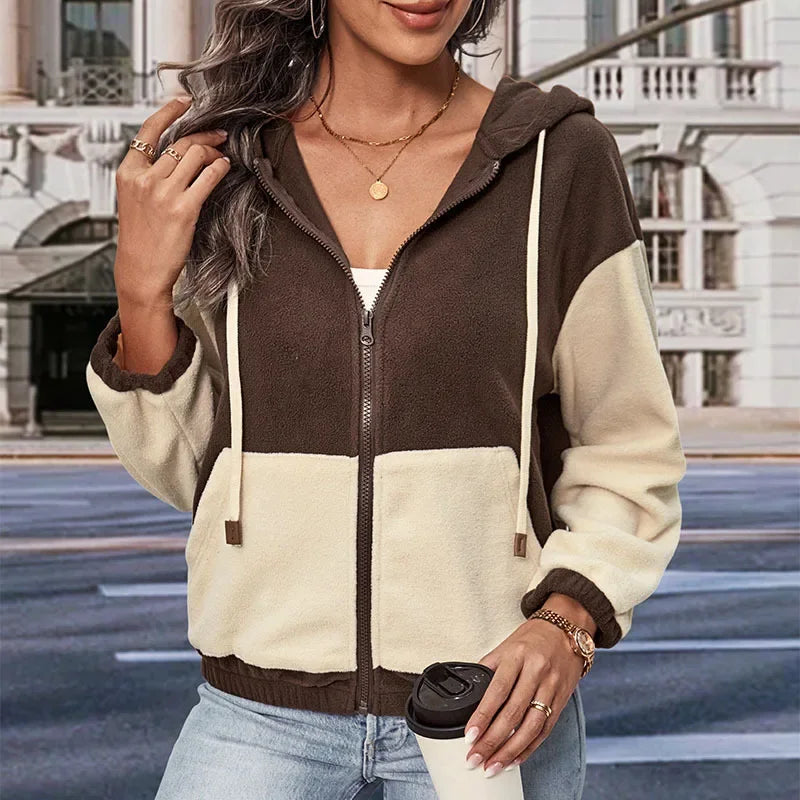 Street-Wave Fleece Hoodie Jacket With Patchwork Design, Cozy Urban Streetwear for Trendsetters