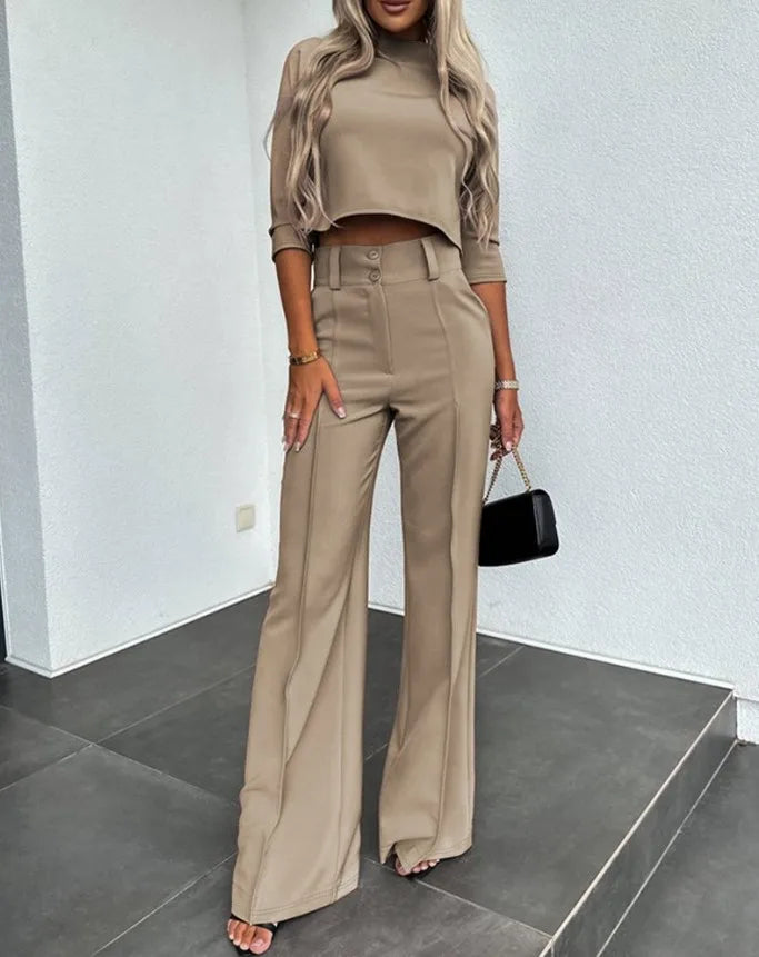 Street-Wave Elegant CoOrd Set With Crop Top And Wide Leg Pants For Fashion Forward Women