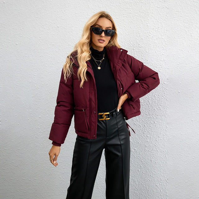 Street-wave Women's Short Stand-Up Collar Puffer Jacket with Zipper for Cozy Warmth and Everyday Style