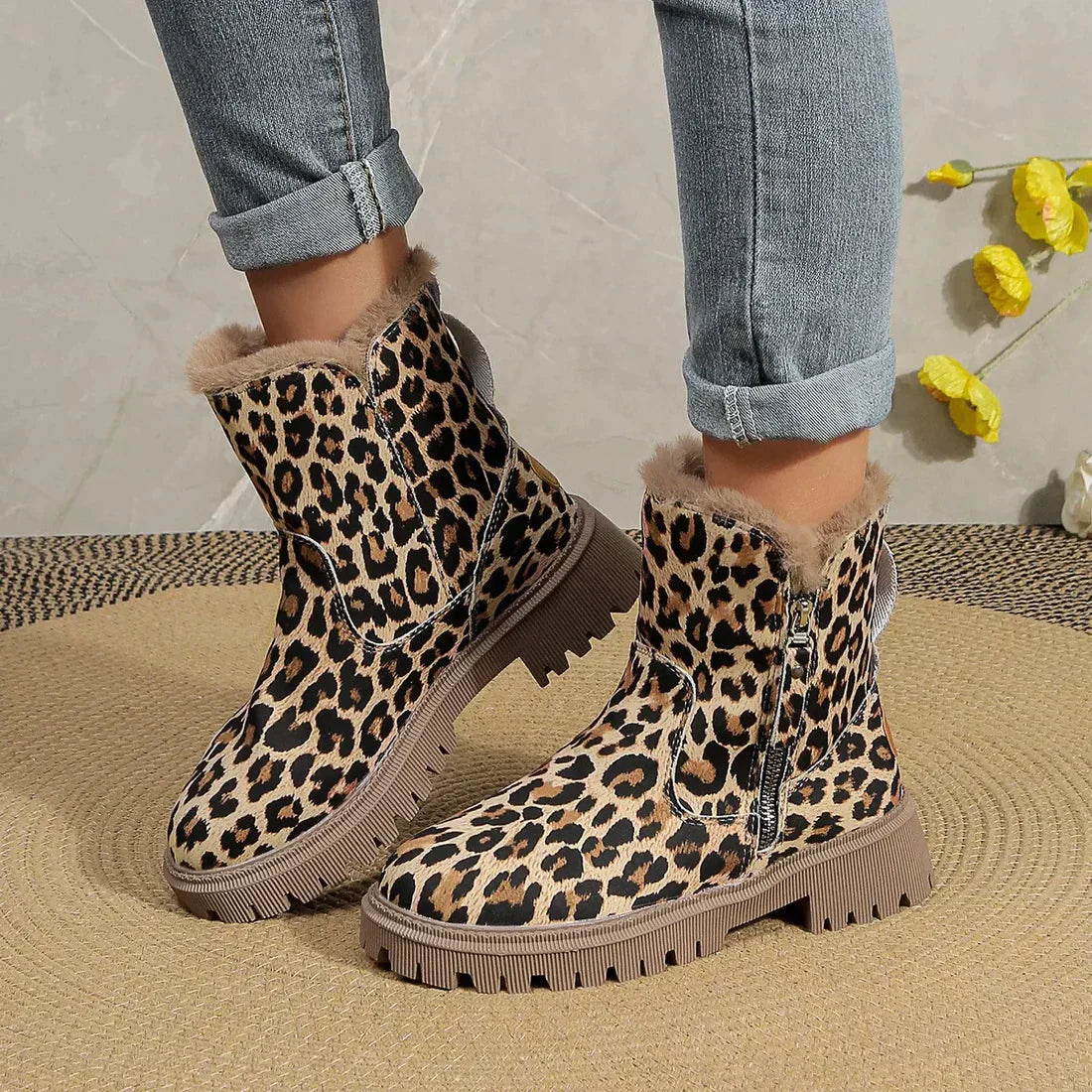 Street-wave Leopard Print Winter Boots With Plush Fur Lining For Women Rugged Lug Sole