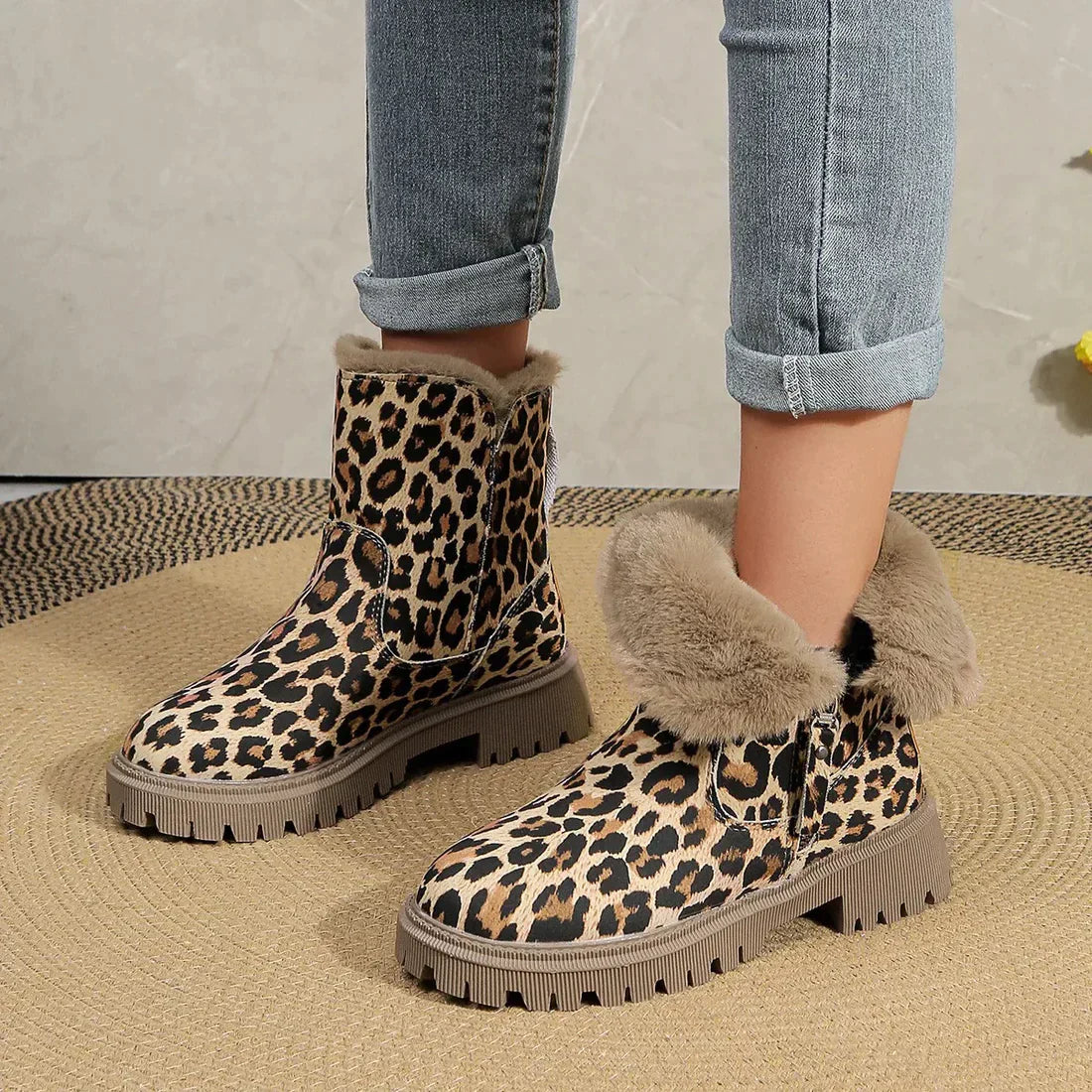 Street-wave Leopard Print Winter Boots With Plush Fur Lining For Women Rugged Lug Sole
