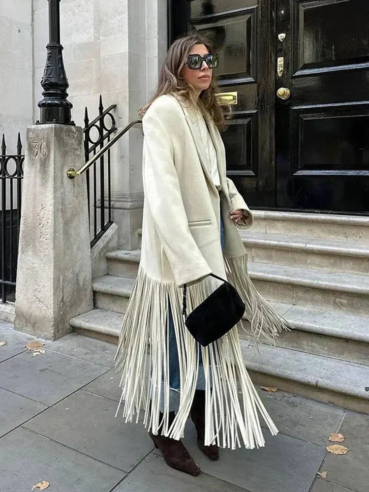 Street-Wave Fringe Tassel Wool Coat For Women Elegant Warmth And Statement Style