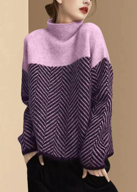Women's Turtleneck Sweater Nordisk-Flair Cozy Relaxed Fit Wool Knit Herringbone