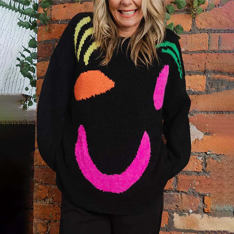 Street-Wave Smiley Knit Pullover for Women All Season Cozy Cotton Acrylic Blend