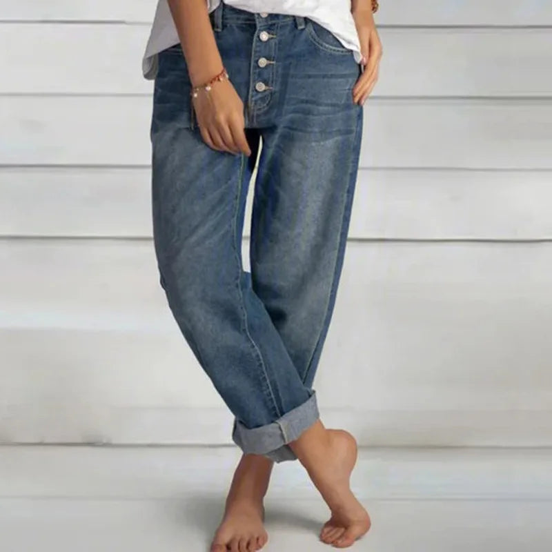 Street Wave Rose Button Jeans For Women Relaxed Fit Denim