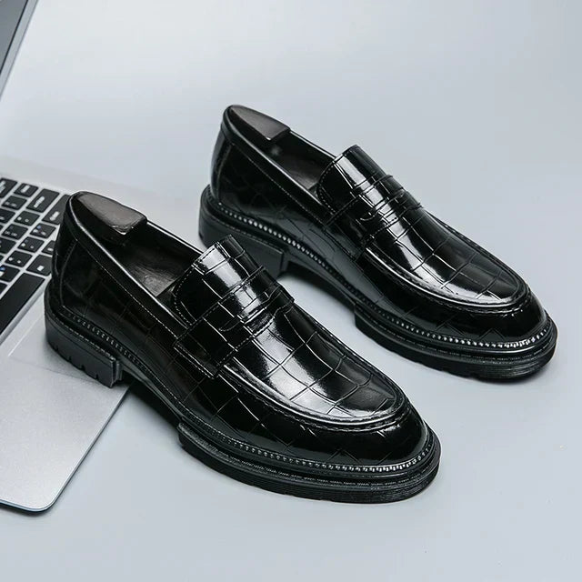 LaModa Elegante Leather Loafers For Men Croc Embossed Patent Black Italian Style For Weddings