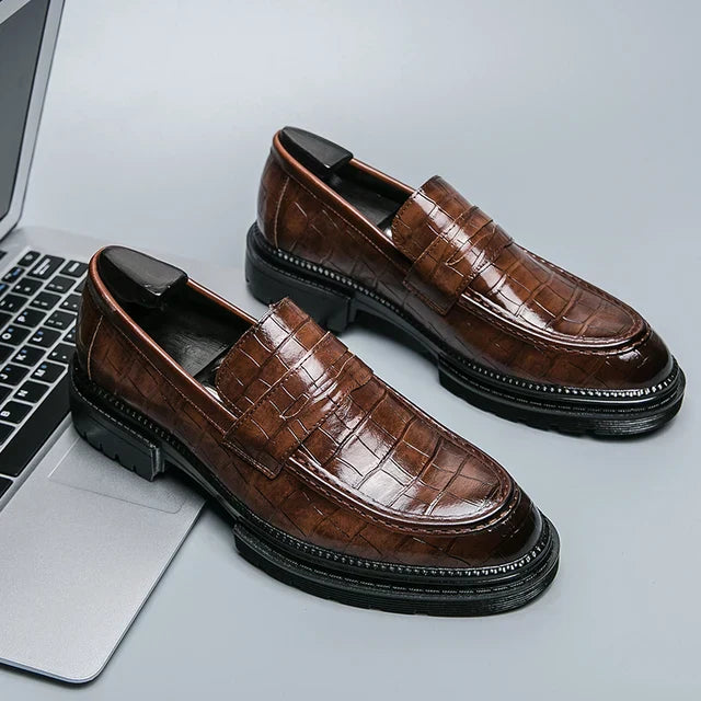 LaModa Elegante Leather Loafers For Men Croc Embossed Patent Black Italian Style For Weddings