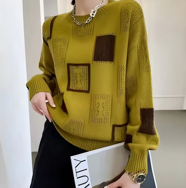 Women's Knit Sweater with Patchwork Design and Long Sleeves