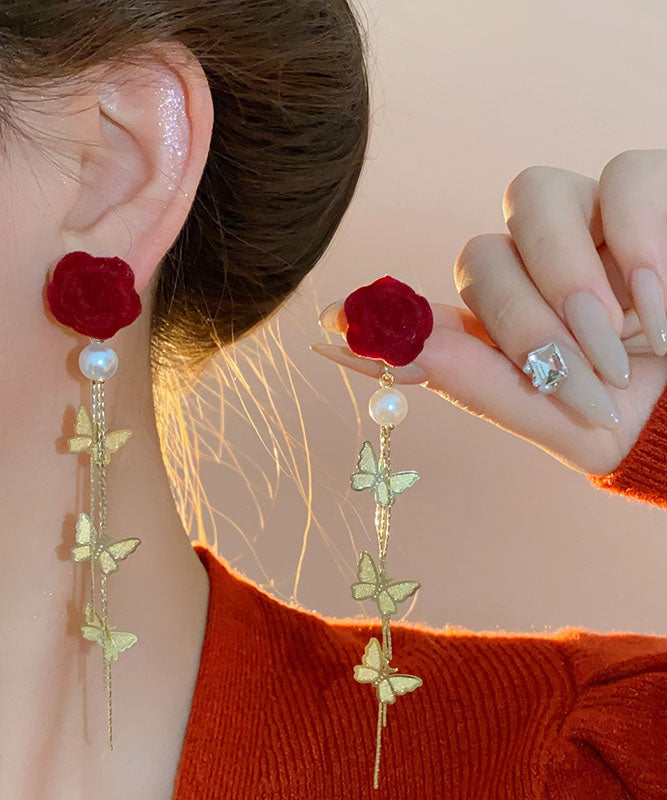 Boucles d'oreilles pendantes à pampilles et papillons en velours et perles, en cuivre rouge surdoré, nouveauté 2025 - Street-Wave