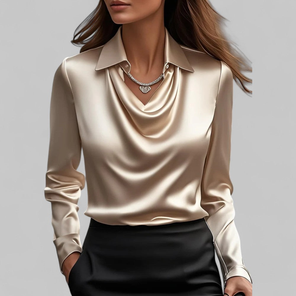 Satin Blouse Women Draped Neck Long Sleeve Street Wave Elegant Silky Top