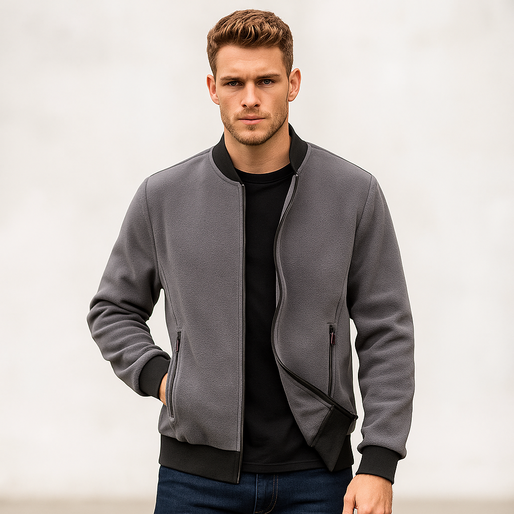 Street-wave Bomber Jacket For Men, Timeless Urban Style, Textured Knit Finish, Zip Pockets