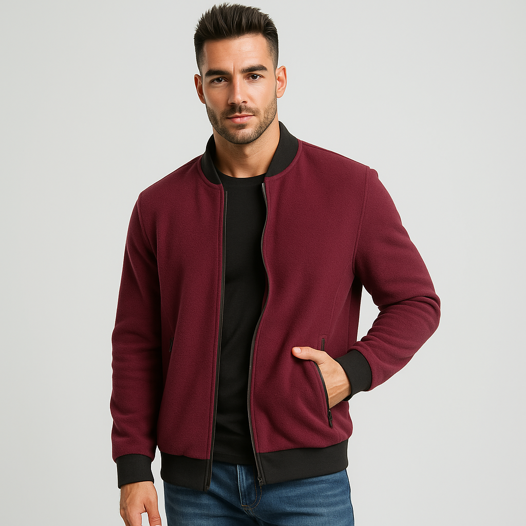Street-wave Bomber Jacket For Men, Timeless Urban Style, Textured Knit Finish, Zip Pockets