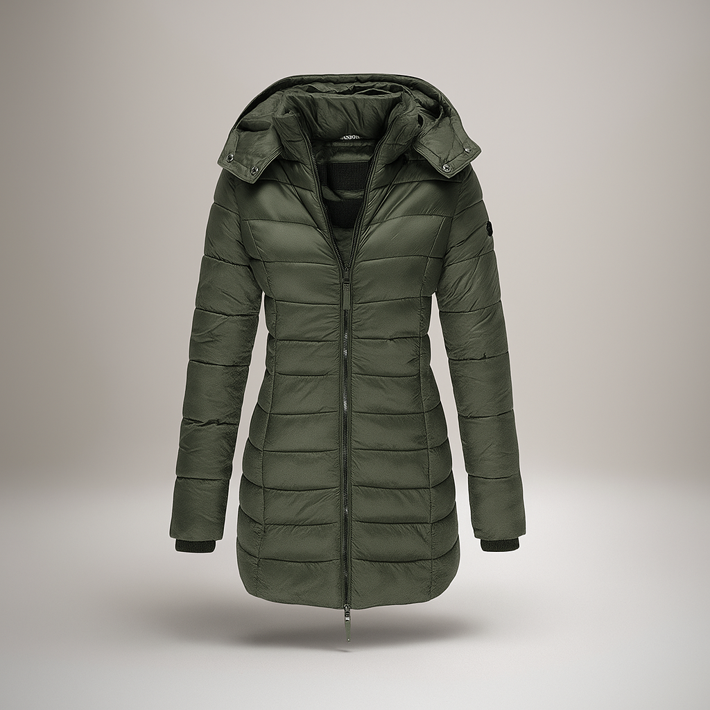 Street Wave Long Puffer Coat With Hood For Women Warm Insulation Slim Fit Dark Green