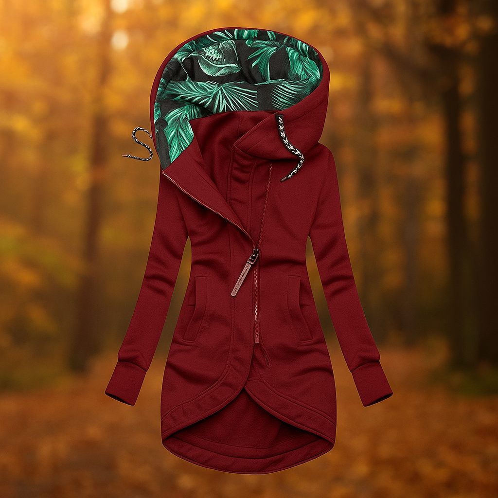 Street-wave Asymmetrical Hooded Jacket Ivanna For Women Longline Coat With Patterned Lined Hood