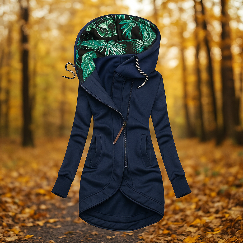Street-wave Asymmetrical Hooded Jacket Ivanna For Women Longline Coat With Patterned Lined Hood