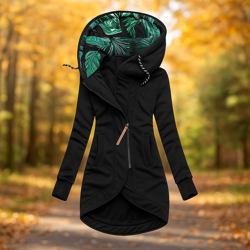 Street-wave Asymmetrical Hooded Jacket Ivanna For Women Longline Coat With Patterned Lined Hood