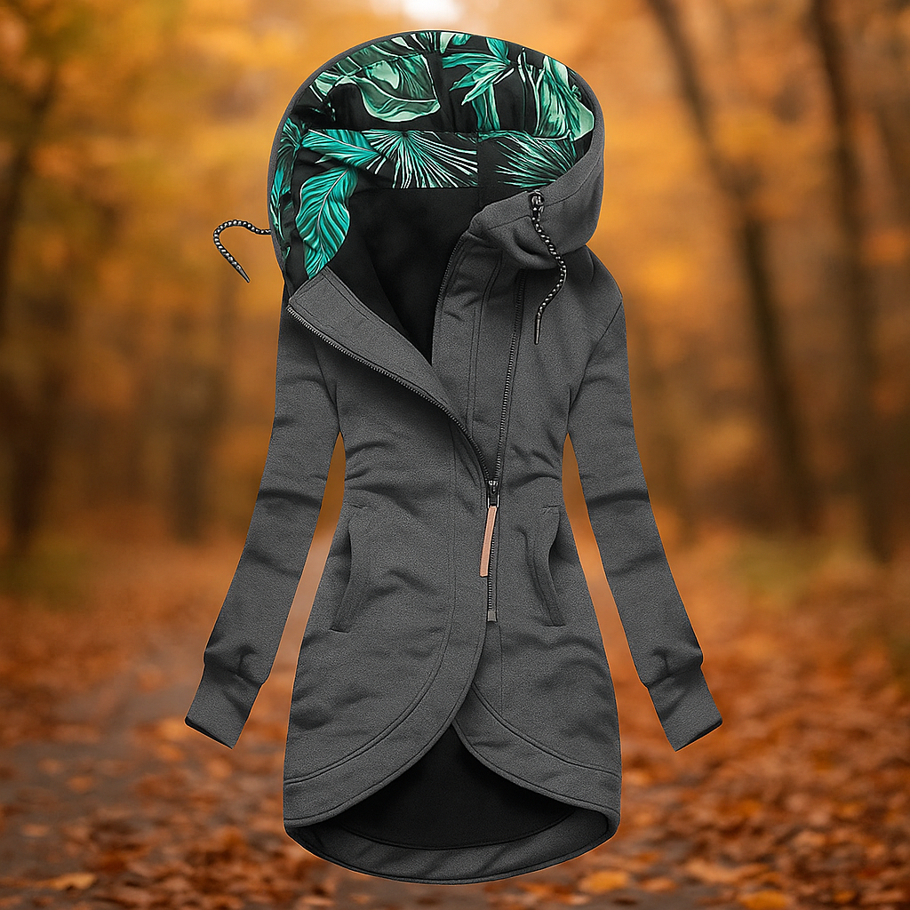 Street-wave Asymmetrical Hooded Jacket Ivanna For Women Longline Coat With Patterned Lined Hood
