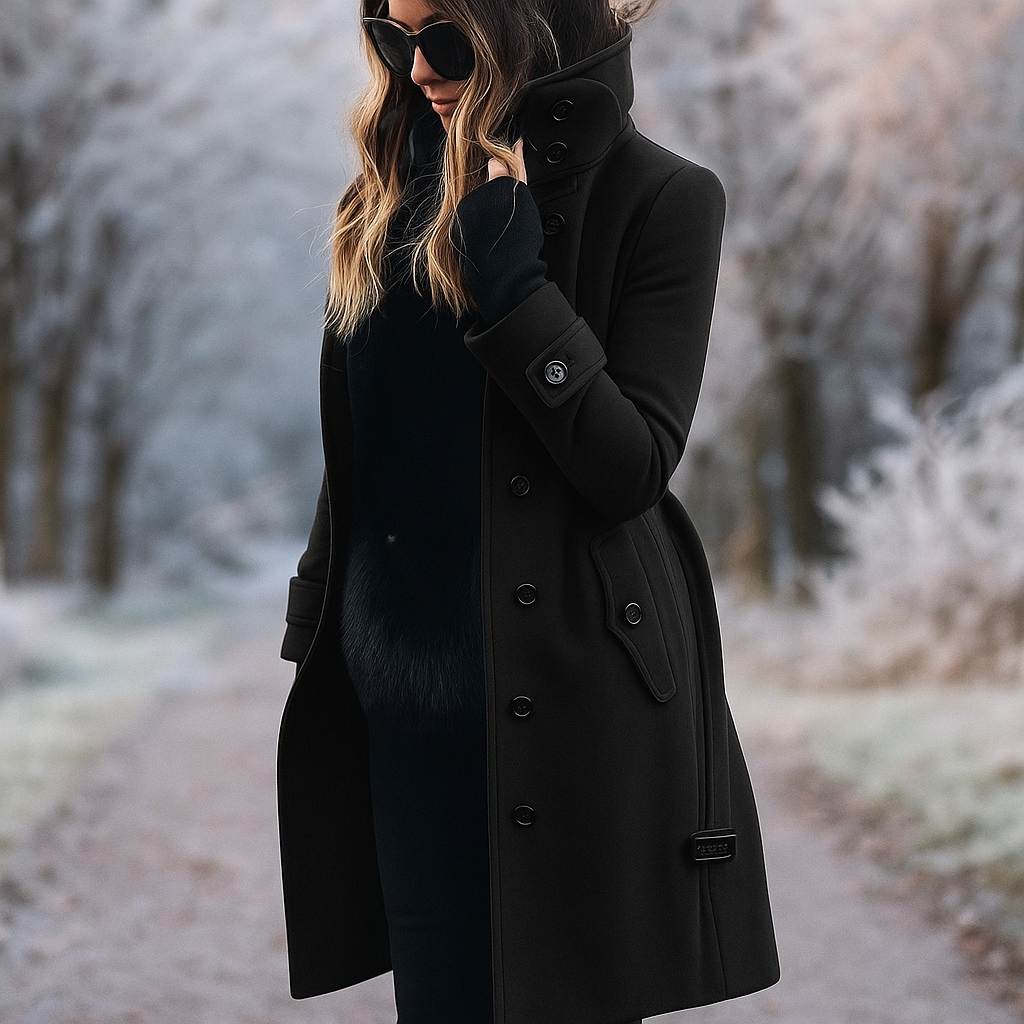 Street-Wave Womens Wool Coat With Double Button Stand Collar Timeless Silhouette Elegant Versatile Outerwear