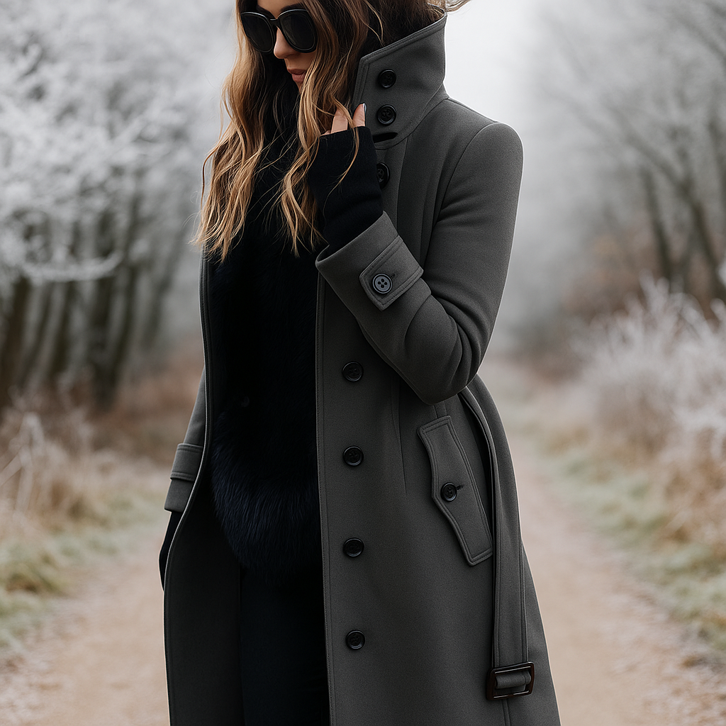 Street-Wave Womens Wool Coat With Double Button Stand Collar Timeless Silhouette Elegant Versatile Outerwear