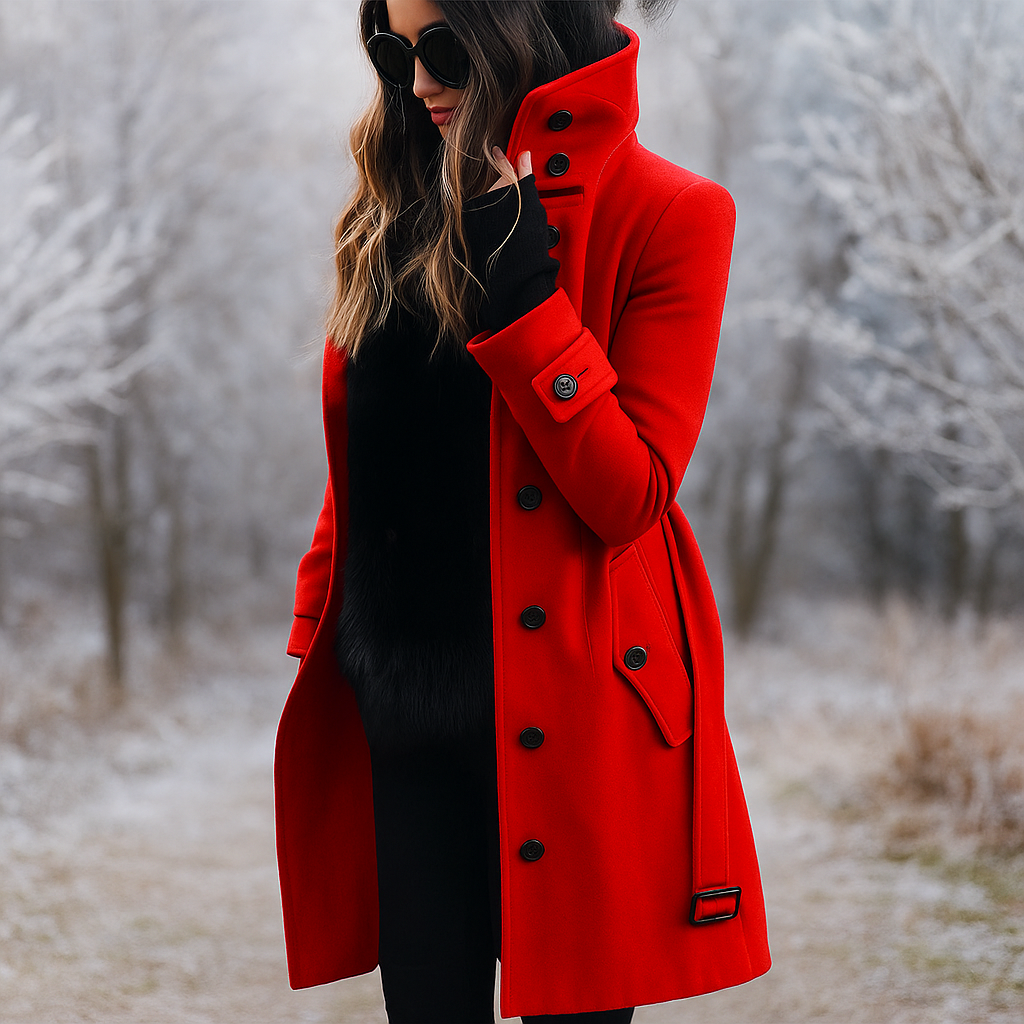 Street-Wave Womens Wool Coat With Double Button Stand Collar Timeless Silhouette Elegant Versatile Outerwear