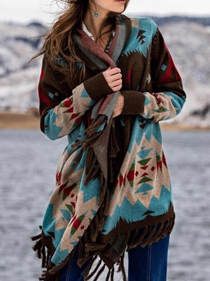 Street-wave Women Geometric Knit Winter Jacket With Cozy Warmth And Fringe Trim For Everyday Wear