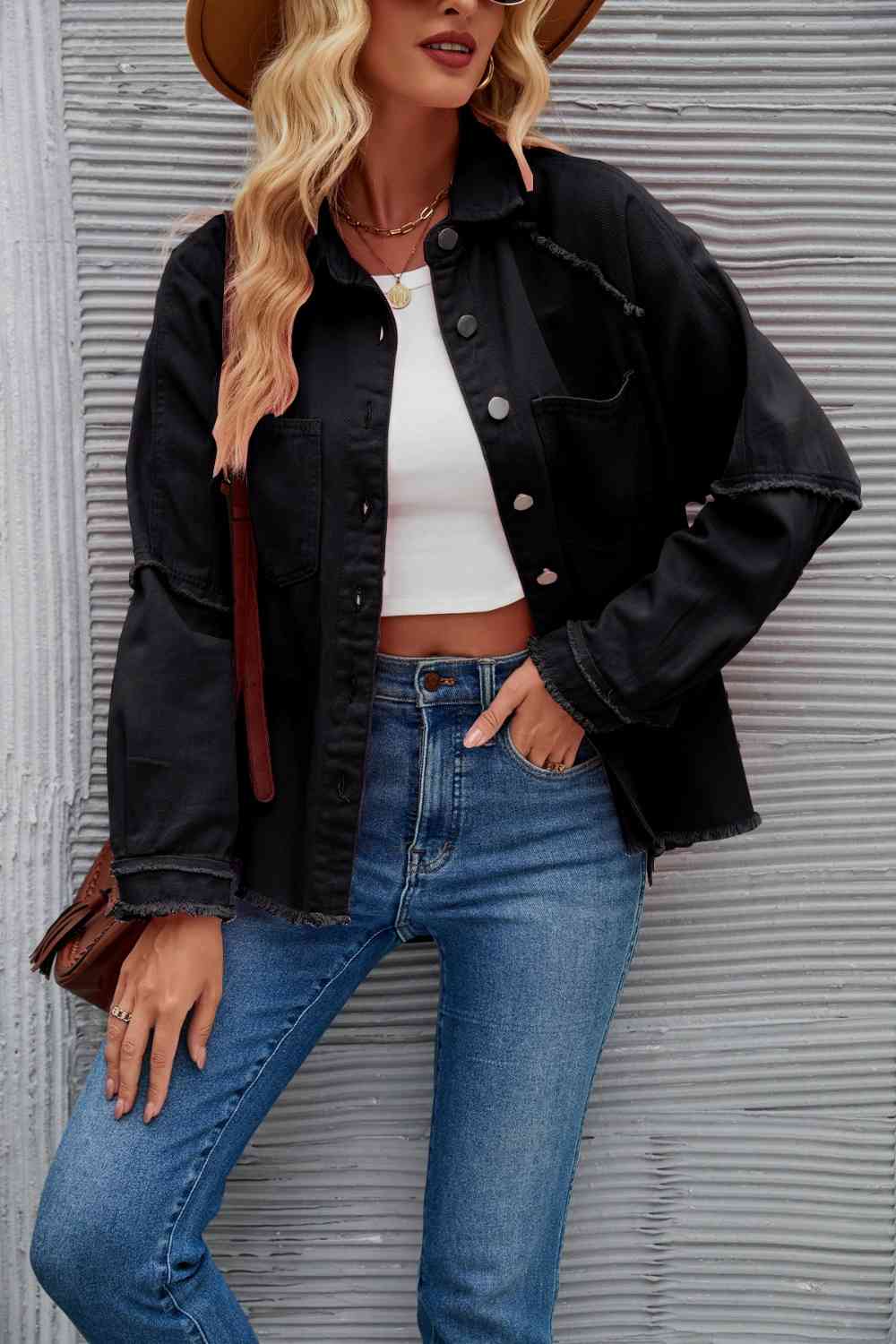 Street Wave Raw Hem Denim Jacket For Women With Collar And Button Front Unfinished Hem Cotton Blend