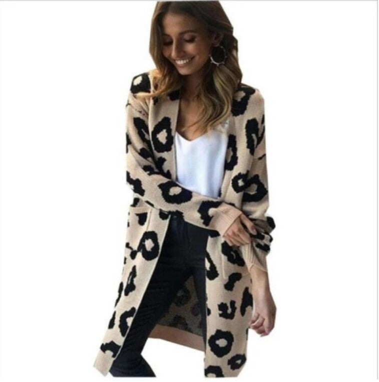 Leopard Print Knit Long Cardigan For Women Street Wave Cozy Trendy Layering Piece