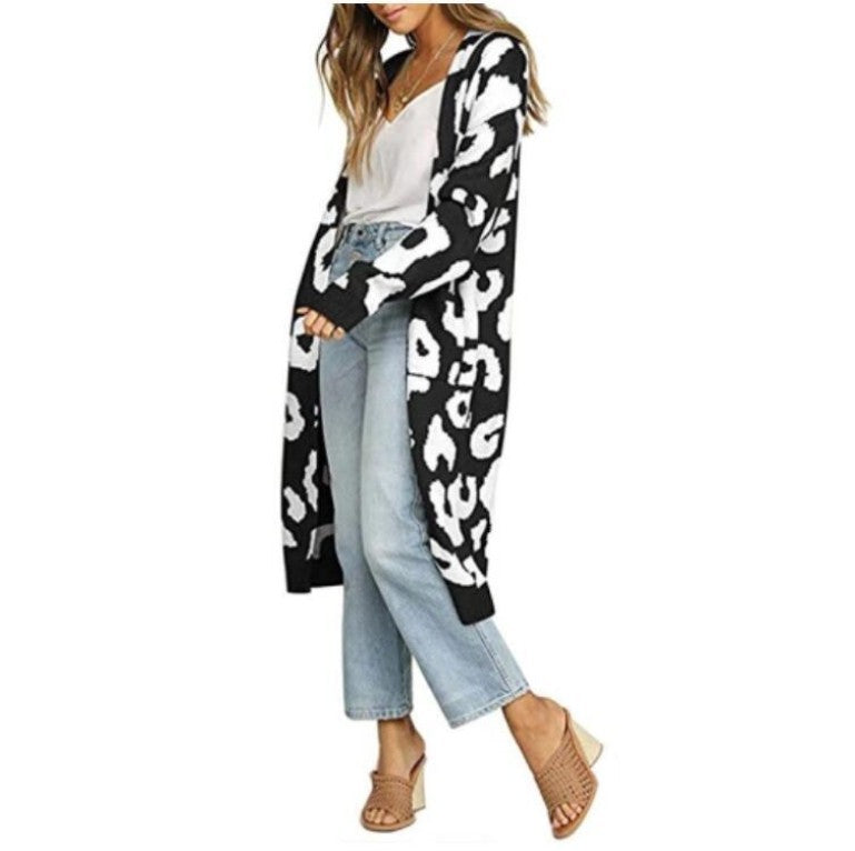 Leopard Print Knit Long Cardigan For Women Street Wave Cozy Trendy Layering Piece