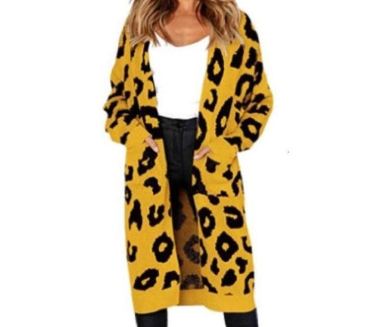 Leopard Print Knit Long Cardigan For Women Street Wave Cozy Trendy Layering Piece