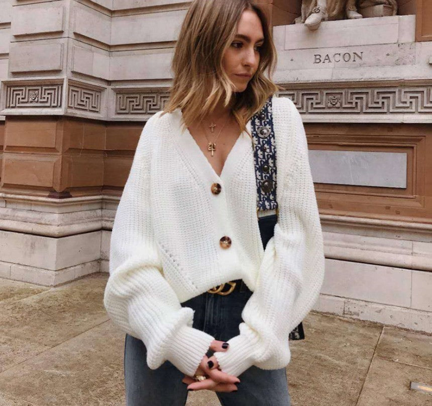 Street Wave Womens Knit Cardigan With Deep V Neck Button Front Cozy Cotton Blend For Everyday Wear