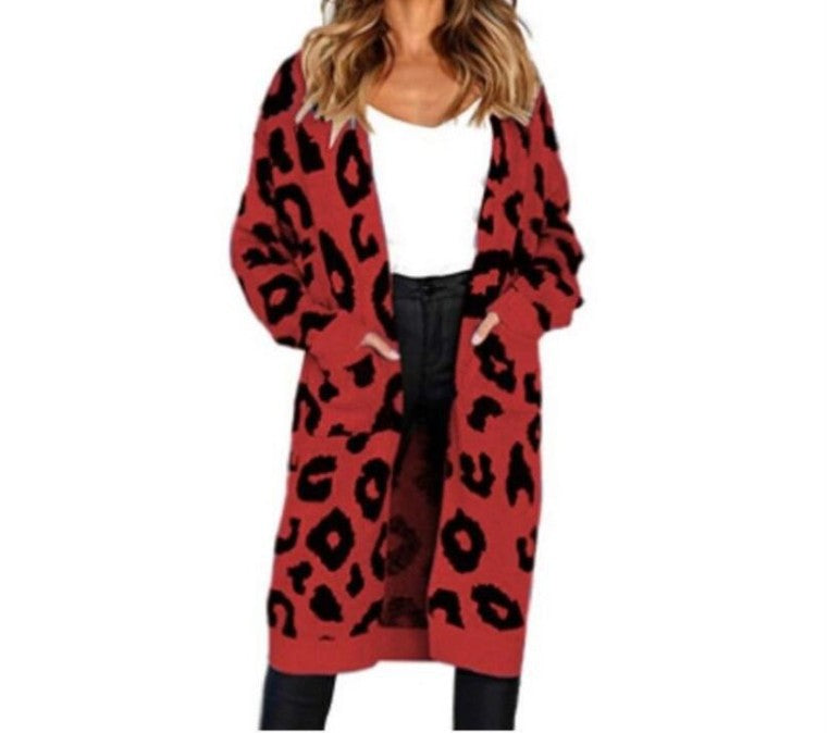 Leopard Print Knit Long Cardigan For Women Street Wave Cozy Trendy Layering Piece