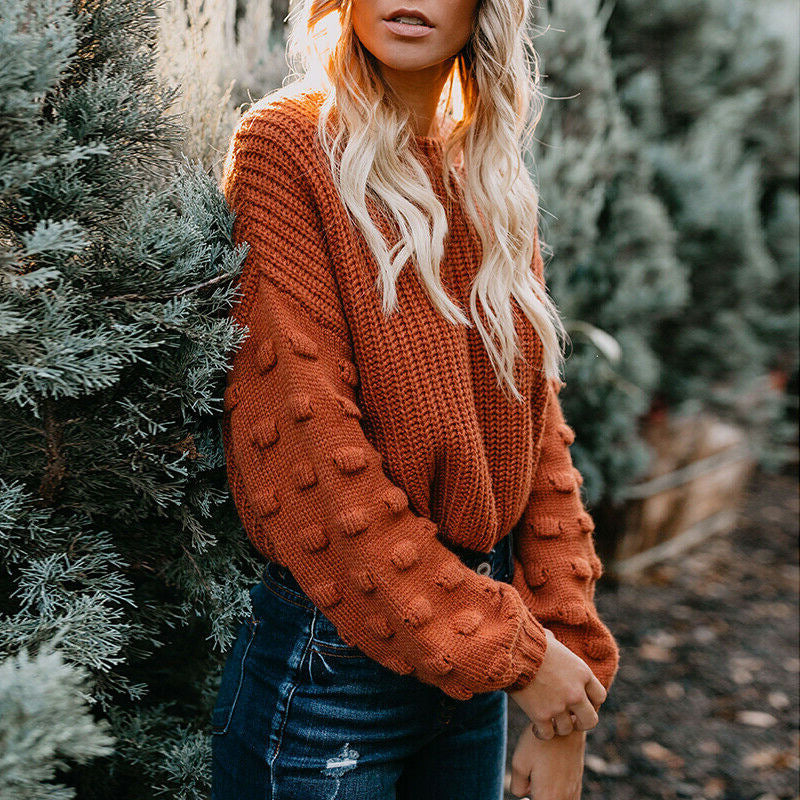 Womens Knit Sweater With Structured Texture And Puff Sleeves Street-wave Cozy Fashion Essential