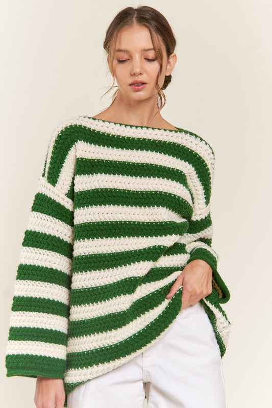 Streetwave Green Striped Knit Pullover For Women Cozy Winter Sweater With All Day Comfort