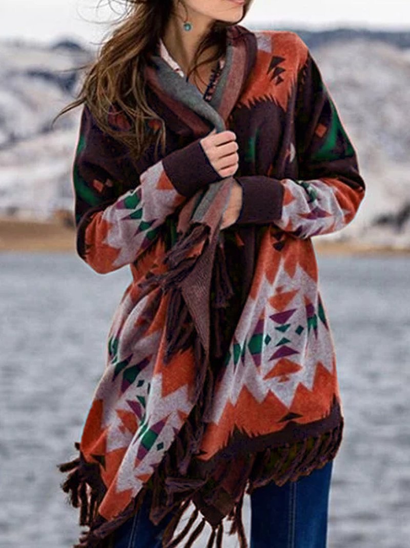 Street-wave Women Geometric Knit Winter Jacket With Cozy Warmth And Fringe Trim For Everyday Wear