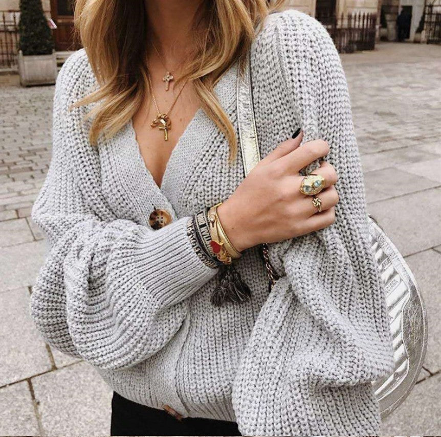 Street Wave Womens Knit Cardigan With Deep V Neck Button Front Cozy Cotton Blend For Everyday Wear