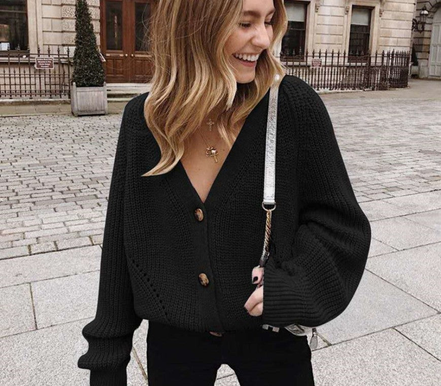 Street Wave Womens Knit Cardigan With Deep V Neck Button Front Cozy Cotton Blend For Everyday Wear