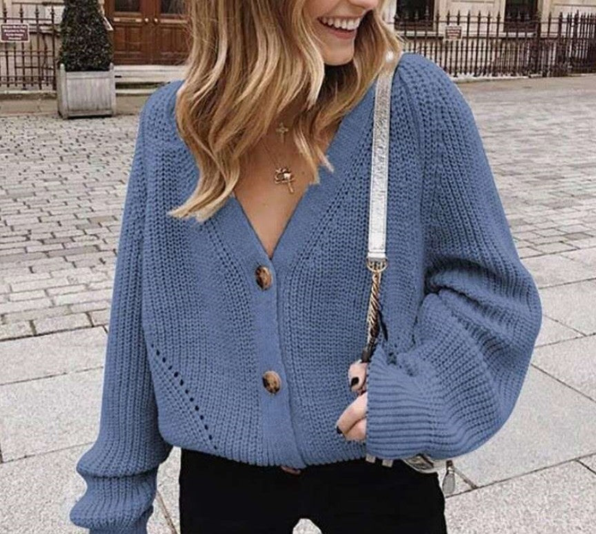 Street Wave Womens Knit Cardigan With Deep V Neck Button Front Cozy Cotton Blend For Everyday Wear