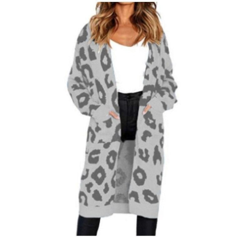 Leopard Print Knit Long Cardigan For Women Street Wave Cozy Trendy Layering Piece