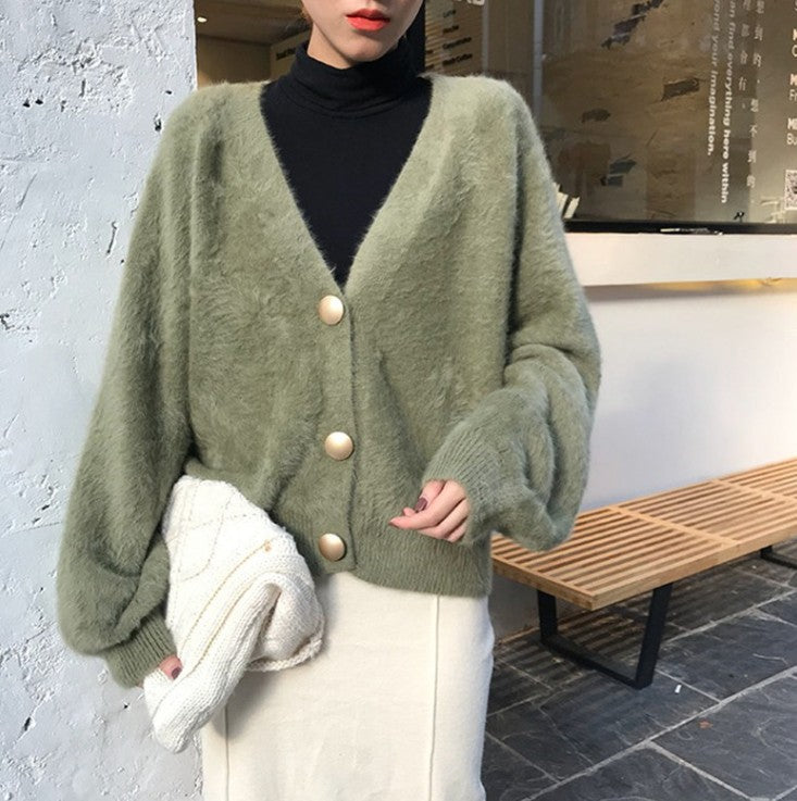 Street-Wave Fluffy Knit Cardigan For Women With Large Buttons And Puff Sleeves Cozy Comfort