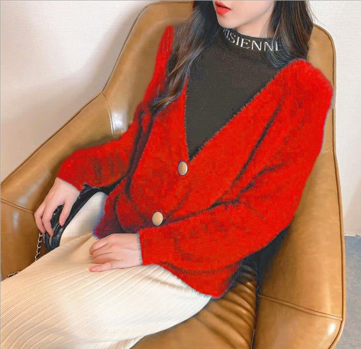 Street-Wave Fluffy Knit Cardigan For Women With Large Buttons And Puff Sleeves Cozy Comfort