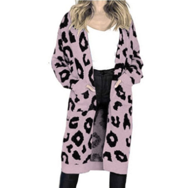 Leopard Print Knit Cardigan For Women By Street-wave Cozy Breathable Long Sleeve Coat